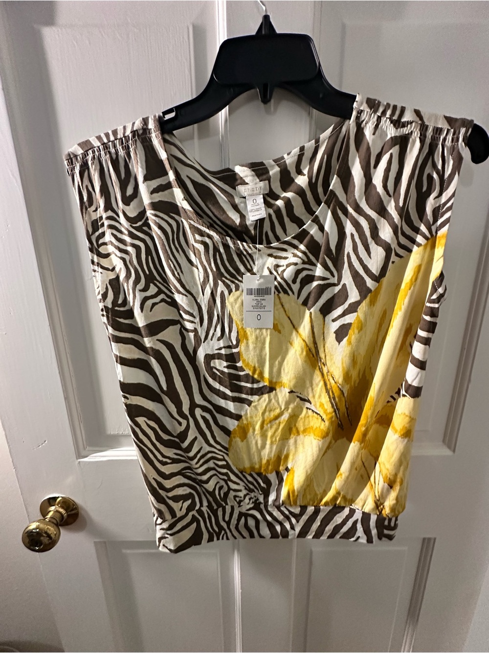 Chicos Zebra-Print Shell Top with Yellow Floral Accent